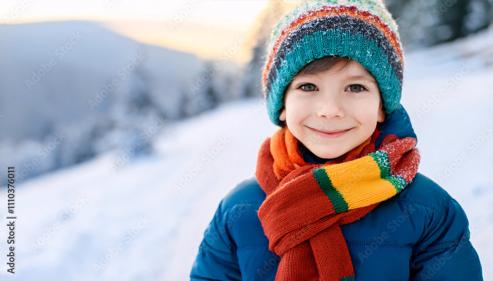Child bundled warmly in a colorful scarf and hat enjoys a chilly winter day in a snowy landscape with a cheerful smile Child bundled warmly in a colorful scarf and hat enjoys a chilly winter day in a snowy landscape with a cheerful smile