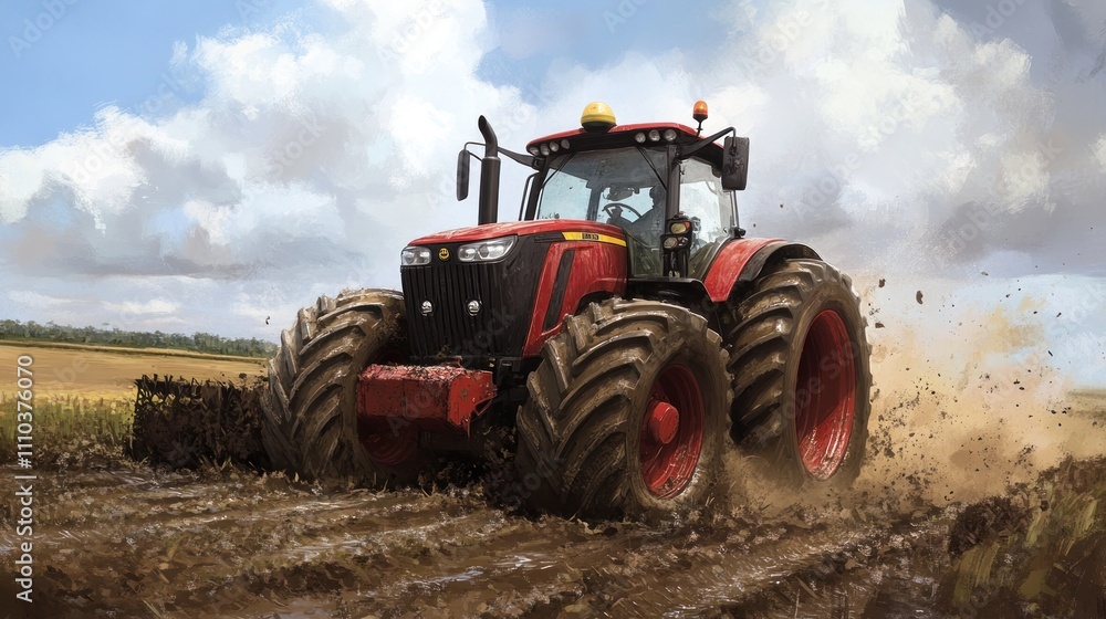 Heavy-duty tractor with cultivator attachment tilling a muddy field, dust clouds Heavy-duty tractor with cultivator attachment tilling a muddy field, dust clouds