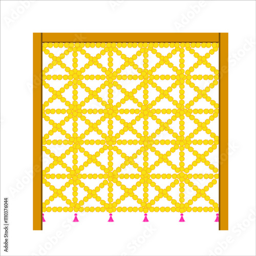 Traditional wedding decorative elements, floral marigold toran hanging setup backdrop decor with colorful tassle hangings for Indian haldi mehendi sangeet maayra bhaat ceremony functions