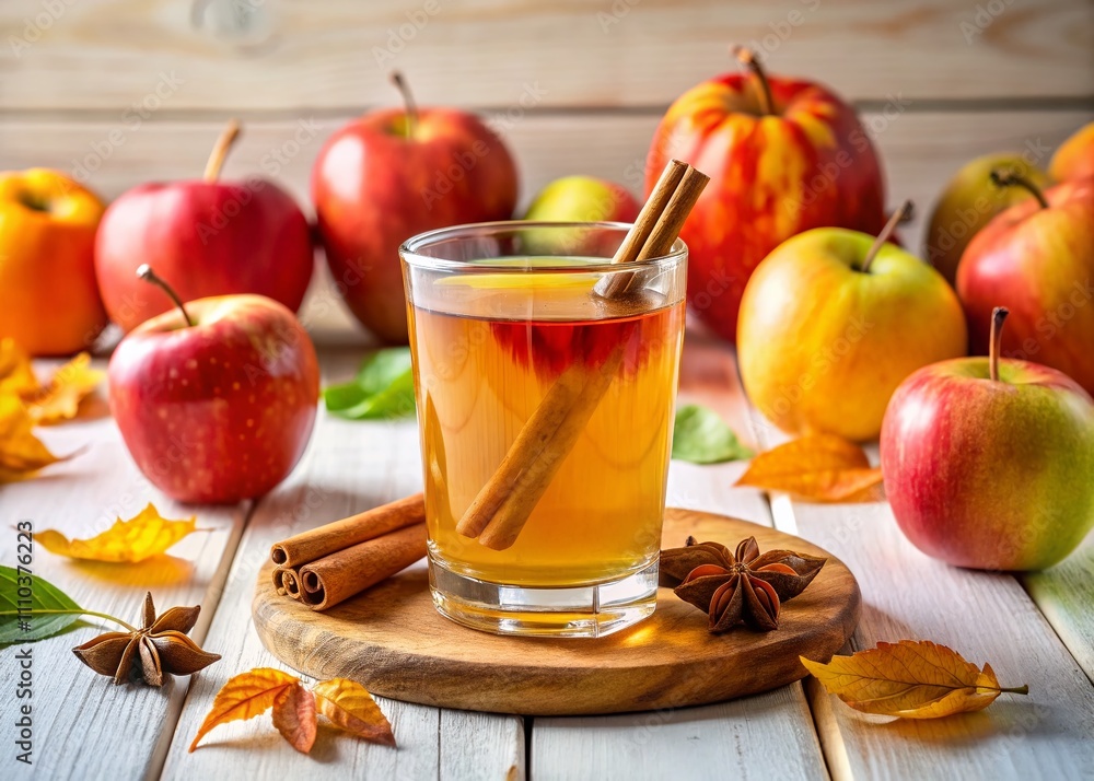 Refreshing Autumn Apple Cider in a Glass with Cinnamon Sticks and Fresh Apples, Isolated on a White Background, Perfect for Seasonal Recipes and Fall Celebration Themes Refreshing Autumn Apple Cider in a Glass with Cinnamon Sticks and Fresh Apples, Isolated on a White Background, Perfect for Seasonal Recipes and Fall Celebration Themes