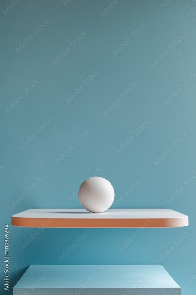 Minimalist white sphere balanced on a modern white tabletop Minimalist white sphere balanced on a modern white tabletop