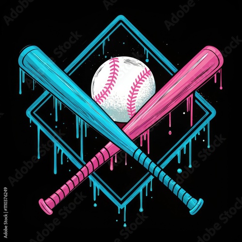 Two Stylized Baseball Bats Cross Over a White Ball, Set Against a Vibrant Black Background photo