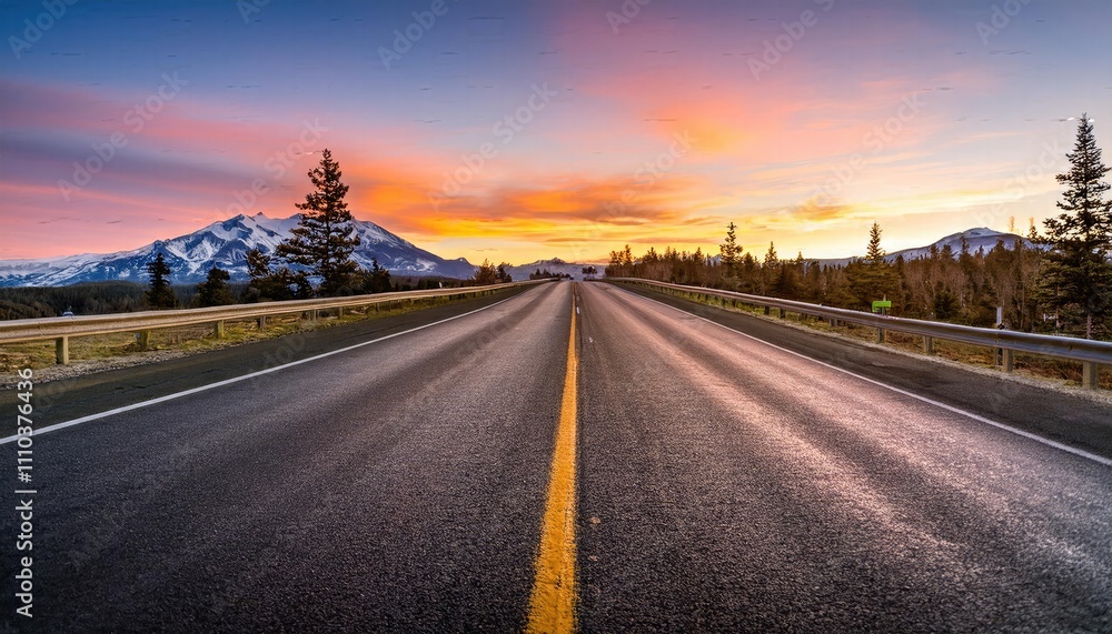 Naklejka premium Sunset on the highway, Highway road images, Highway landscape background, highway road copy space,