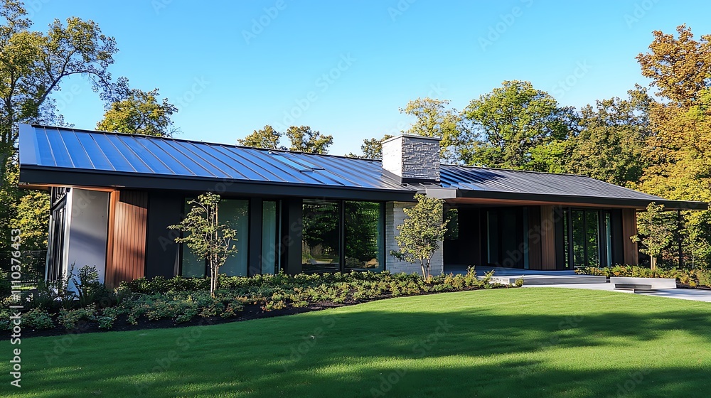 Modern, single-story house with solar panels, stone chimney, and landscaped yard. Modern, single-story house with solar panels, stone chimney, and landscaped yard.