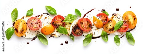 A gourmet caprese salad with fresh mozzarella, heirloom tomatoes, basil leaves photo