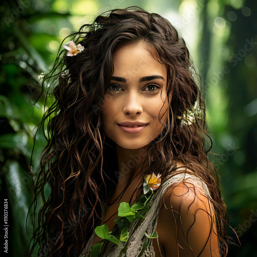 A shot of a woman with bronze-toned skin and delicate tribal markings painted in white on her face. Her long black hair is interwoven with vines and flowers, and she stands against a lush, green rainf photo