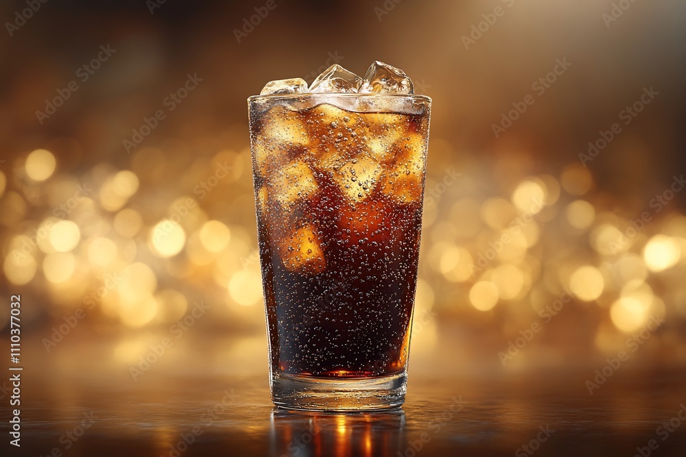 Iced cola drink in a tall glass with ice cubes, on a dark surface with bokeh lights background. Iced cola drink in a tall glass with ice cubes, on a dark surface with bokeh lights background.