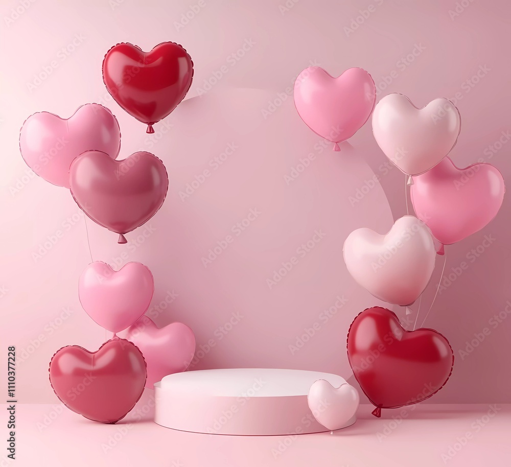 3D vector illustration of pink and red heart-shaped balloons floating around an arch with a podium for product display, a happy Valentine's Day background design template 3D vector illustration of pink and red heart-shaped balloons floating around an arch with a podium for product display, a happy Valentine's Day background design template