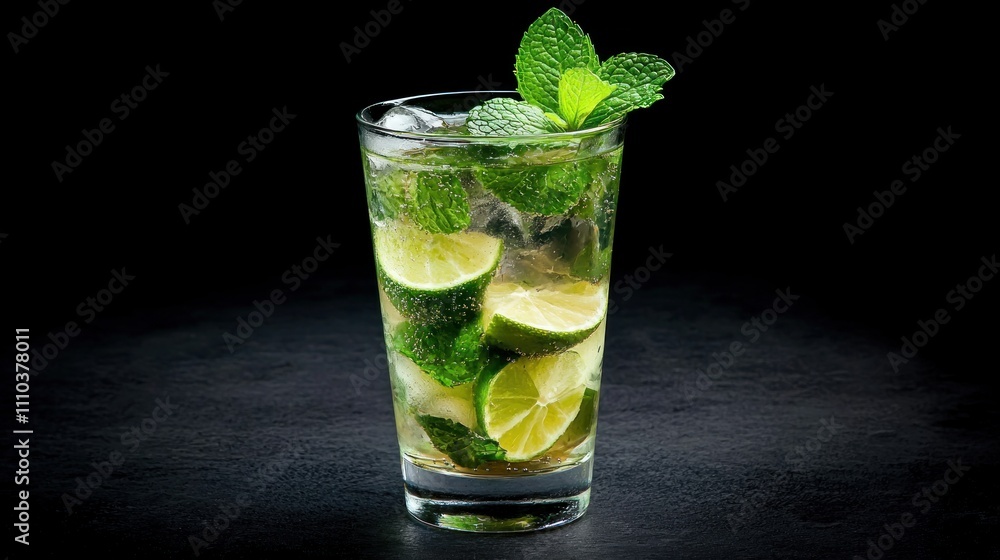 A refreshing mojito with mint leaves and lime slices in a tall glass A refreshing mojito with mint leaves and lime slices in a tall glass