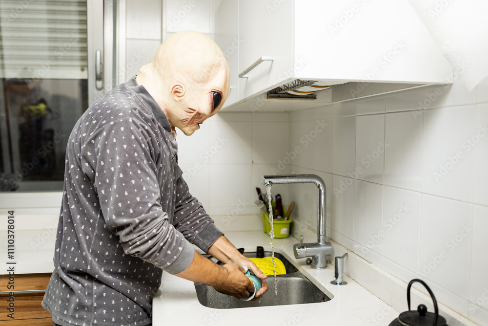 A Martian dressed in pajamas does housework at home.The alien is washing glasses in the kitchen sink.Concept of daily life of Martians or aliens. A Martian dressed in pajamas does housework at home.The alien is washing glasses in the kitchen sink.Concept of daily life of Martians or aliens.