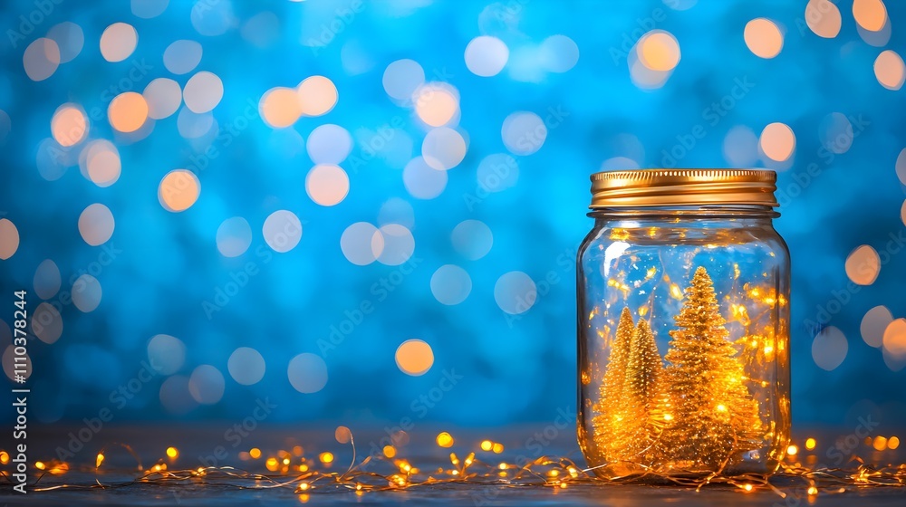 Festive jar with miniature trees and warm lights Festive jar with miniature trees and warm lights