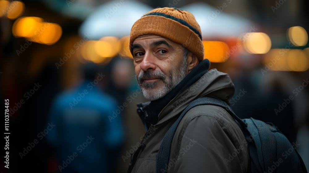 Cheerful Man at Christmas Market in Bright Lighting Cheerful Man at Christmas Market in Bright Lighting