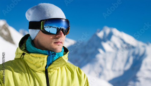 Serious Russian man in reflective ski goggles and bright winter jacket poses against a snowy mountain backdrop on a clear day