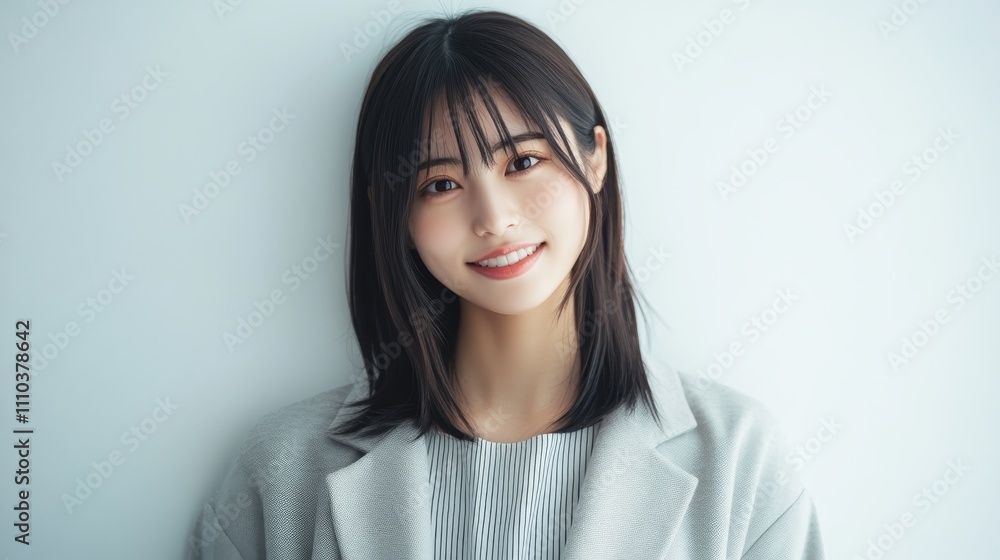 A beautiful Japanese woman in her early to mid-20s with straight hair, smiling and looking directly at the camera against a white background. She is wearing business casual attire of light gray color, A beautiful Japanese woman in her early to mid-20s with straight hair, smiling and looking directly at the camera against a white background. She is wearing business casual attire of light gray color,