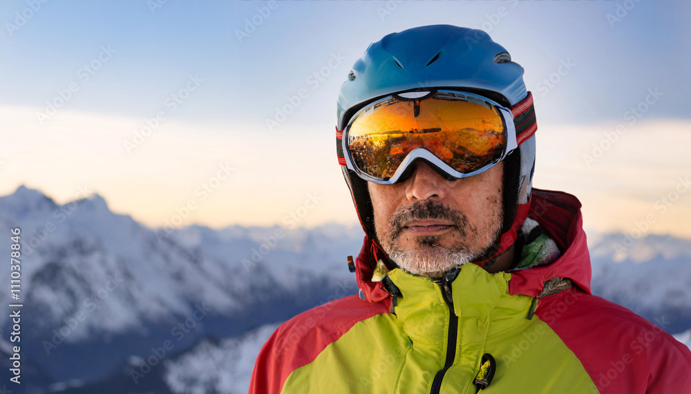 Serious South American man wearing reflective ski goggles and a bright jacket poses against a scenic mountain backdrop during sunset hours near a ski resort Serious South American man wearing reflective ski goggles and a bright jacket poses against a scenic mountain backdrop during sunset hours near a ski resort