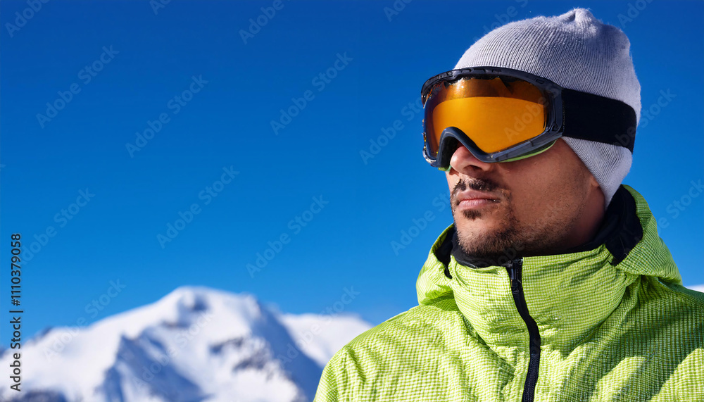 Serious South American man in reflective ski goggles and bright winter jacket against a clear blue sky with snowy mountains Serious South American man in reflective ski goggles and bright winter jacket against a clear blue sky with snowy mountains