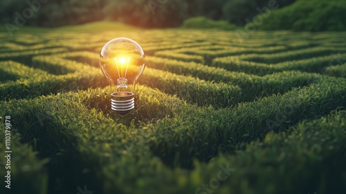 A glowing light bulb at the center of an intricate maze, representing innovation and ideas. The background is a green field with rolling hills, symbolizing growth and harmony between nature and techno photo