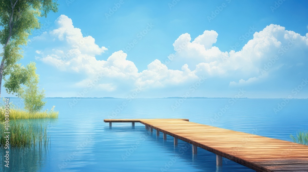 Fototapeta premium pontoon pier on the lake shore on a beautiful summer day. Creative banner. Copyspace image