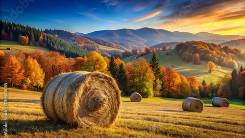 Rustic Round Hay Stack in Serene Countryside Landscape Under a Bright Blue Sky, Capturing the Essence of Agricultural Life and Natural Beauty in Autumn Season
