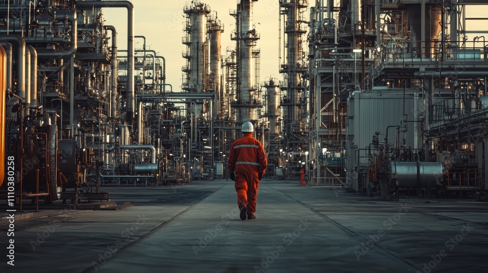 Obraz premium Refinery technician walking through gigapixel high fidelity image industrial site photography sunset environment perspective on technology