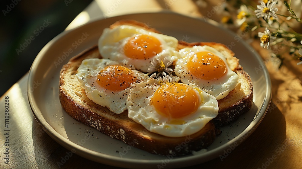 Four sunny-side up eggs on toasted bread, garnished with pepper and flowers. Four sunny-side up eggs on toasted bread, garnished with pepper and flowers.