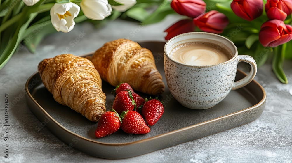 Delicious Croissants Coffee And Strawberries Breakfast Delicious Croissants Coffee And Strawberries Breakfast