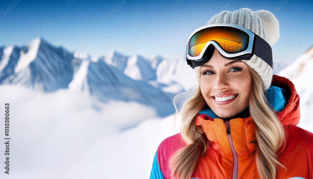 Smiling woman wearing ski goggles and colorful winter jacket poses against a snowy mountain backdrop during a bright sunny day Smiling woman wearing ski goggles and colorful winter jacket poses against a snowy mountain backdrop during a bright sunny day