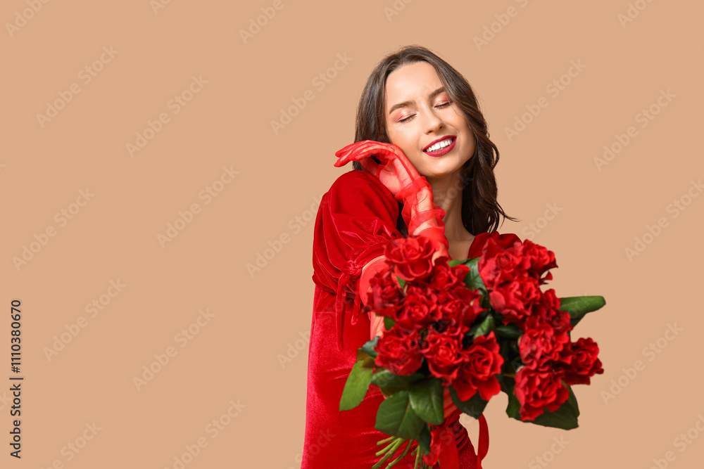Beautiful young woman with bouquet of red roses on brown background. Valentine's Day celebration Beautiful young woman with bouquet of red roses on brown background. Valentine's Day celebration