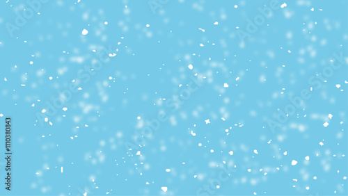 Random falling snow flakes wallpaper. Snowfall dust freeze granules. Snowfall sky white teal blue background. Many snowflakes february vector. 