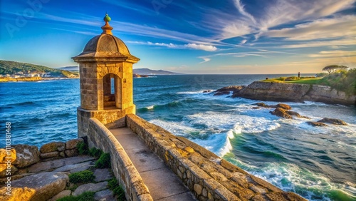 Scenic View of a Small Watchtower by the Sea at Baiona, Surrounded by the Promenade and the Historic Monterreal Fortress in Spain's Beautiful Coastal Landscape photo