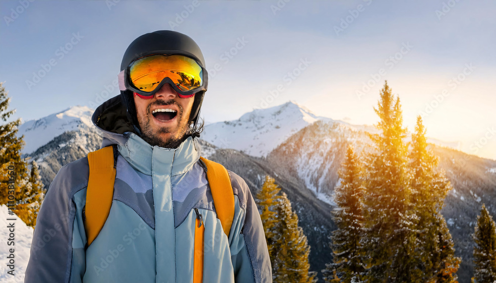 Surprised South American man in reflective ski goggles enjoying a bright winter day on the slopes with snow-covered mountains in the background Surprised South American man in reflective ski goggles enjoying a bright winter day on the slopes with snow-covered mountains in the background