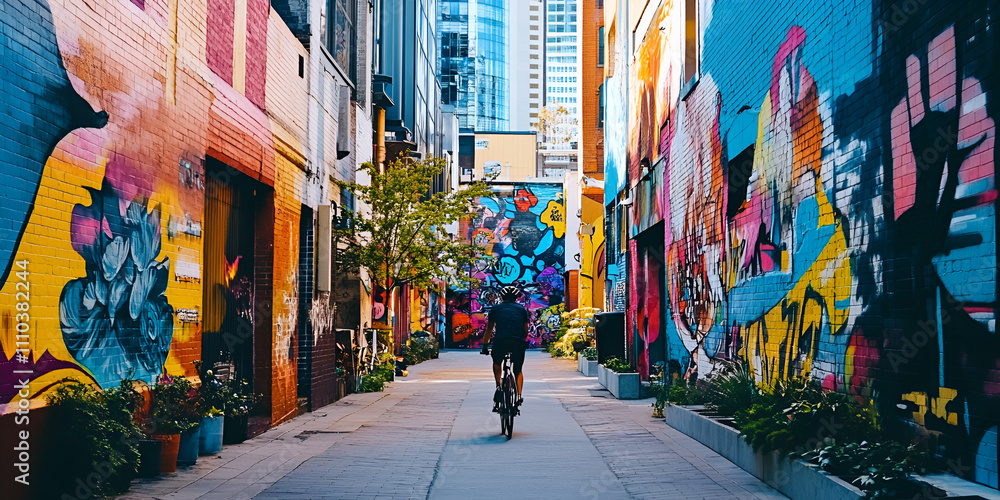 Fototapeta premium Urban Art Exploration: A lone cyclist navigates a vibrant alleyway adorned with colorful murals, capturing the essence of urban art and exploration.