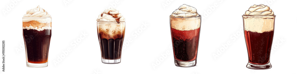 A classic and creamy root beer float dessert served in a transparent glass featuring a bubbly and frothy root beer base topped with a generous scoop of sweet and indulgent ice cream A classic and creamy root beer float dessert served in a transparent glass featuring a bubbly and frothy root beer base topped with a generous scoop of sweet and indulgent ice cream
