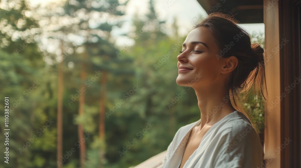 Side portrait view of attractive young mature woman enjoying time outside home on the terrace with green nature garden and forest in background. Concept of people and nature connection vacation Side portrait view of attractive young mature woman enjoying time outside home on the terrace with green nature garden and forest in background. Concept of people and nature connection vacation