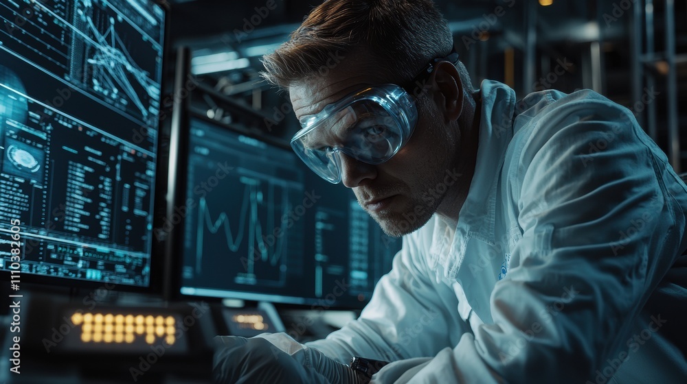 Engineer in safety goggles analyzing data at high-tech lab gigapixel photography focused environment technology concept Engineer in safety goggles analyzing data at high-tech lab gigapixel photography focused environment technology concept