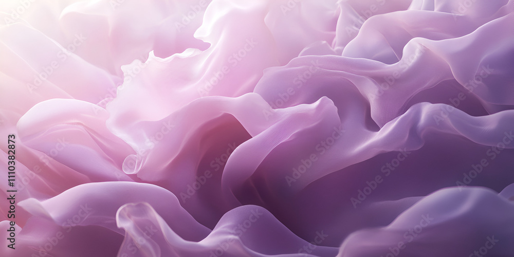 Obraz premium Dreamy Lavender Fabric Texture: A soft, ethereal backdrop of flowing lavender fabric, bathed in a gentle glow. The delicate folds and shimmering hues create a dreamy and romantic atmosphere. 