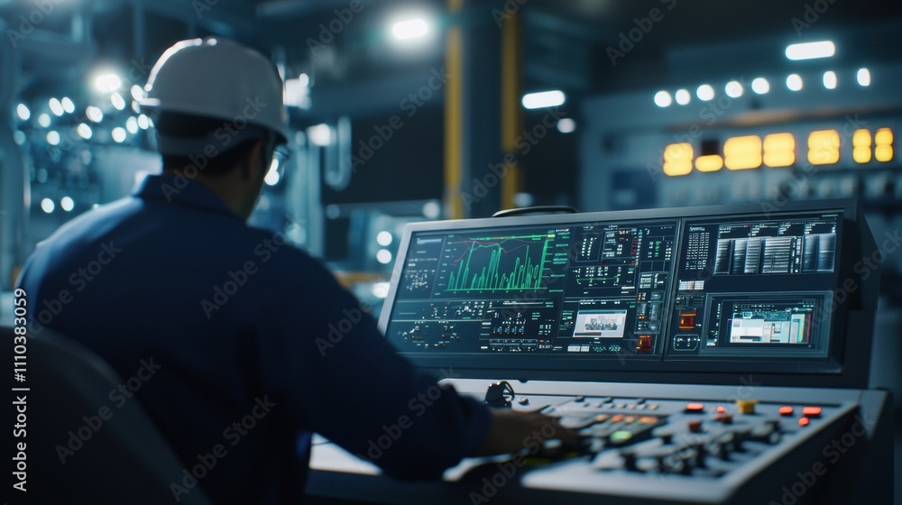 Technician monitoring operations industrial control room high-fidelity environment technology focus realistic viewpoint efficiency concepts Technician monitoring operations industrial control room high-fidelity environment technology focus realistic viewpoint efficiency concepts