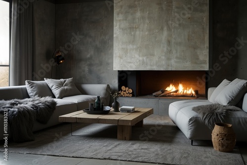 Minimalist, rustic interior design of modern living room. Corner sofa with grey and fur pillows near fireplace, nd abstract art in a warm, welcoming space photo