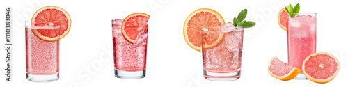 Refreshing and vibrant sparkling grapefruit soda in a glass filled with zesty citrus flavors and a fizzy bubbly texture  The drink is chilled with ice photo