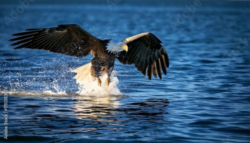 A majestic bald eagle soars through the air, its wings spread wide as it dives into the blue water below.  photo