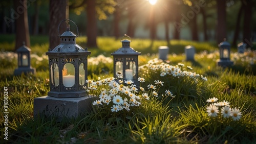 Lanterns with candles in a field of daisies, serene and enchanting sunset setting.