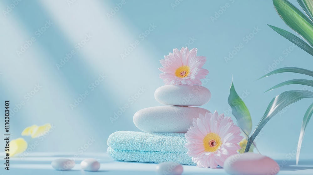 Spa and wellness concept with stack of zen stones, flowers and towels at light blue background with copy space. Relax and calm. treatment. Still life. Banner