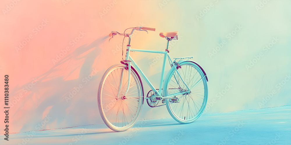 Fototapeta premium Pastel Dreams: A light teal bicycle stands elegantly against a soft, pastel-colored wall, bathed in a dreamy, colorful light. This image evokes a sense of calm and wanderlust. 