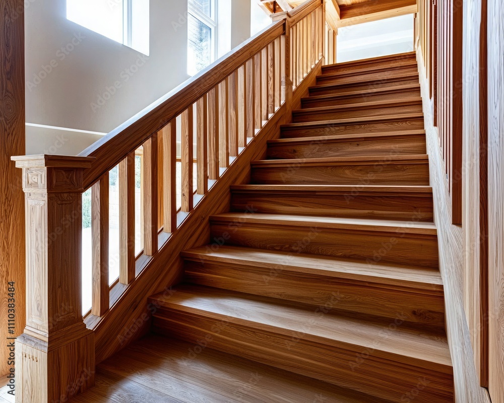 A wooden staircase with a well-designed banister, illuminated by natural light, showcasing craftsmanship and elegance in a spacious interior. A wooden staircase with a well-designed banister, illuminated by natural light, showcasing craftsmanship and elegance in a spacious interior.