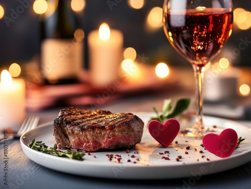 Create an Elegant Valentine's Dinner Table Setup Featuring Steak and Wine Romantic Home Setting Table Decor Intimate Atmosphere Culinary Elegance photo