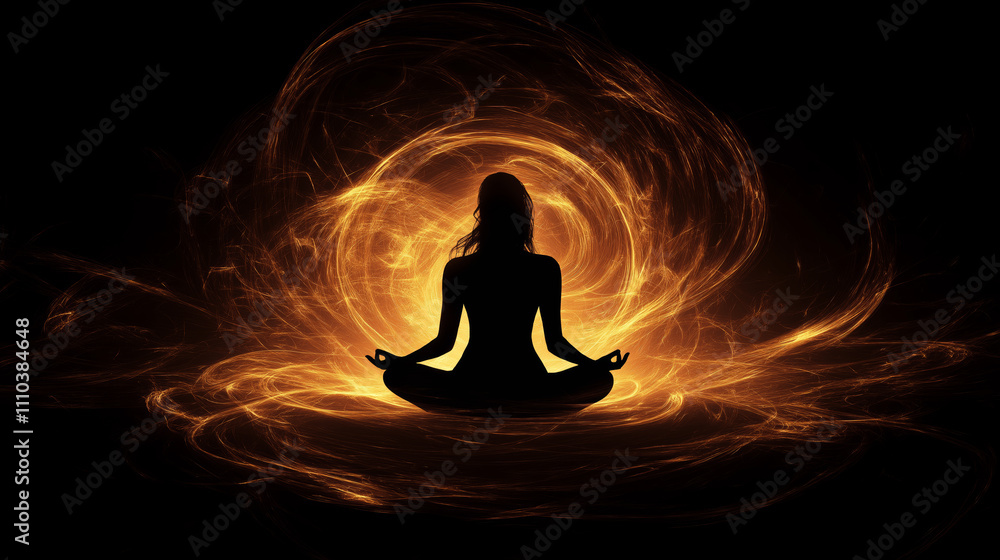 Silhouette of Meditating Figure with Fiery Background Silhouette of Meditating Figure with Fiery Background