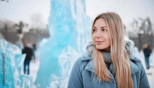 Portrait of a woman with frost tipped hair admiring ice sculptures at a winter festival in a serene outdoor setting photo