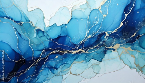 高級感のある大理石風背景イラスト マーブル模様アルコールインクアート 水色 ゴールド 素材 AI生成素材