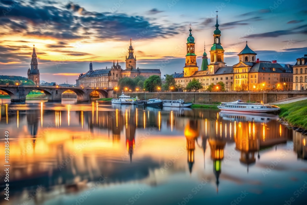 Obraz premium Serene Long Exposure at Elbe River in Dresden, Germany Capturing Early Morning Light and Mist Over Water with Historic Architecture Reflections and Calm Waters