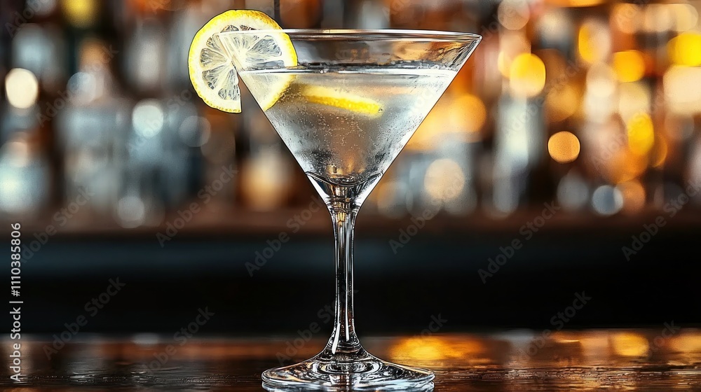 Close-up of a classic martini glass with a twist of lemon on a bar counter Close-up of a classic martini glass with a twist of lemon on a bar counter